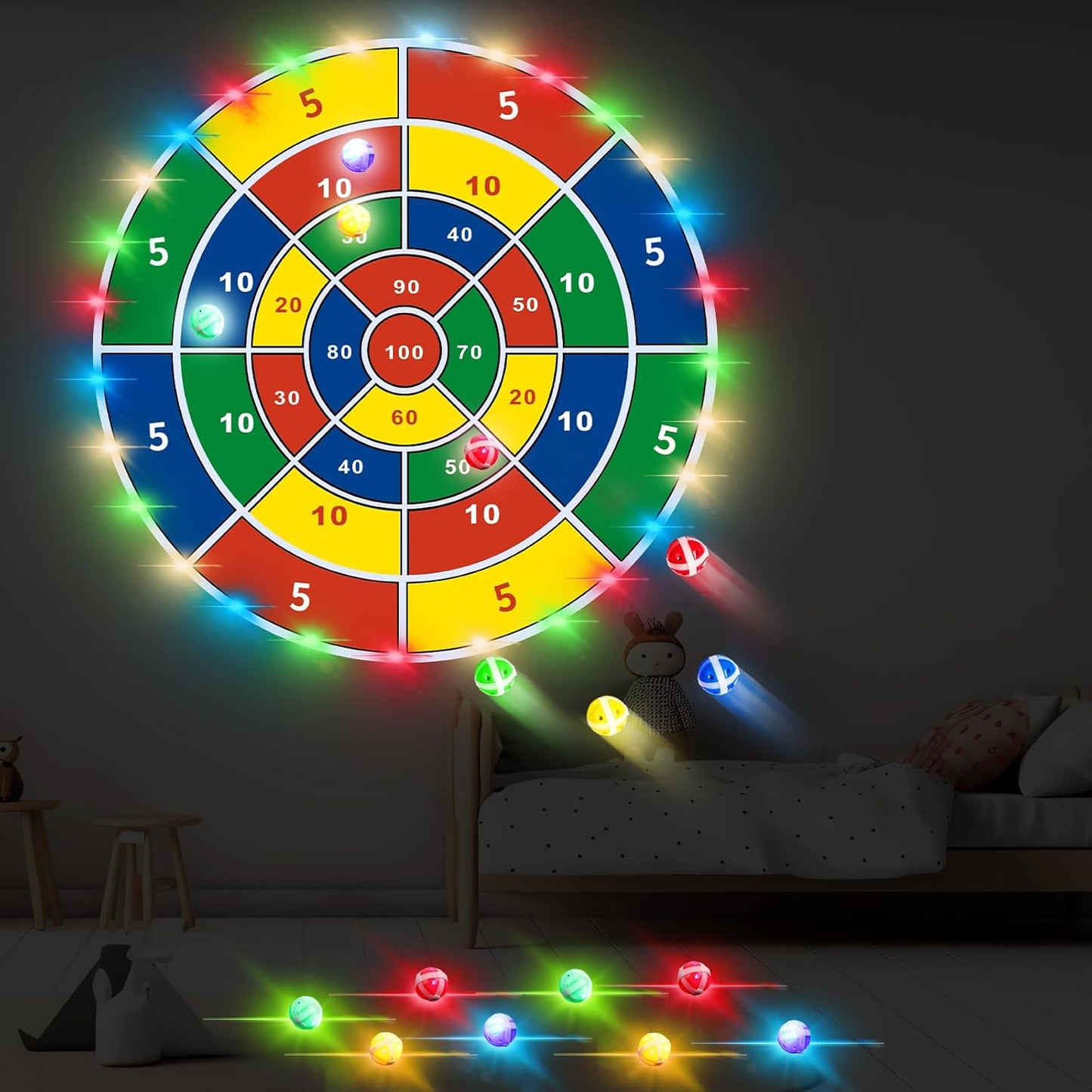 36 Large LED Dart Board, Double Sided Dartboard with 20 LED Sticky Balls Dinosaur Fun Giant Dartboard Shooting Toys Indoor Outdoor Sport Toys Dartboards Party Play Game Toys, Birthday Gifts