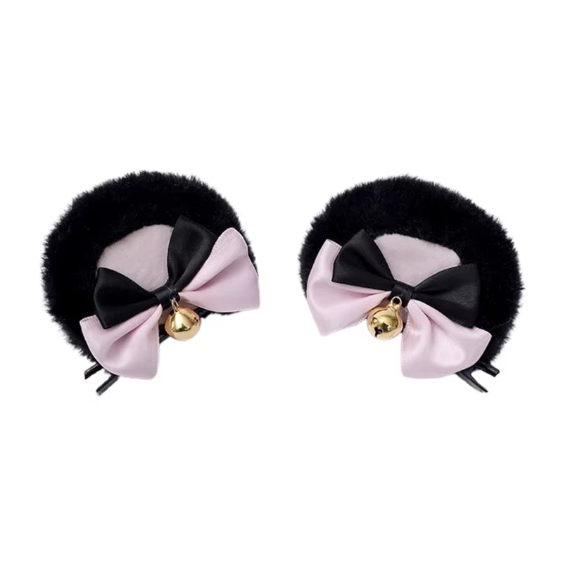 Round Bear Ears Hair Clips Faux Fur Sweet Double Bowknot Bell Plush Animal Hairpins Anime Lolita Kawaii Cosplay Barrette Decor