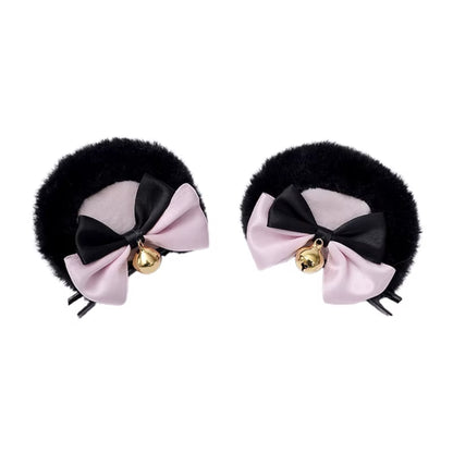Round Bear Ears Hair Clips Faux Fur Sweet Double Bowknot Bell Plush Animal Hairpins Anime Lolita Kawaii Cosplay Barrette Decor