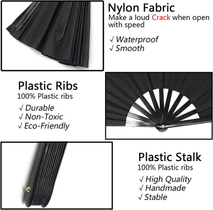 2PCS Large Folding Silk Hand Fans - Chinese Tai Chi Fans for Men and Women Performance, Dance, Decorations, Festival, Gift (Black X2)
