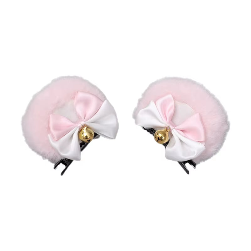 Round Bear Ears Hair Clips Faux Fur Sweet Double Bowknot Bell Plush Animal Hairpins Anime Lolita Kawaii Cosplay Barrette Decor