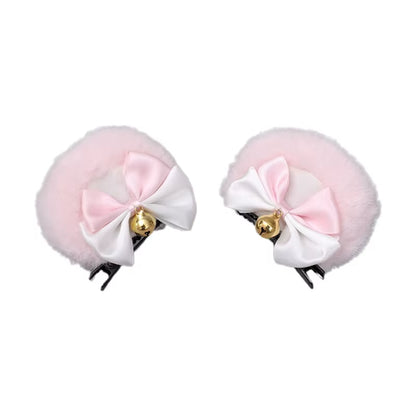 Round Bear Ears Hair Clips Faux Fur Sweet Double Bowknot Bell Plush Animal Hairpins Anime Lolita Kawaii Cosplay Barrette Decor