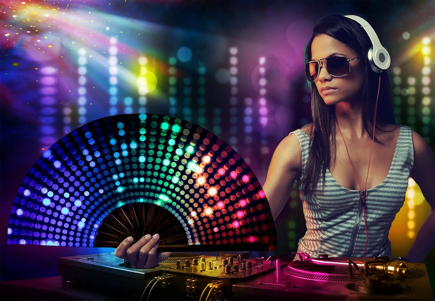 Large Folding Hand Rave Fan Popping Fan for Line Dancing Clacking Fans for Boots on the Ground Dance,Party,Decoration,Festival (DJ Lighting)