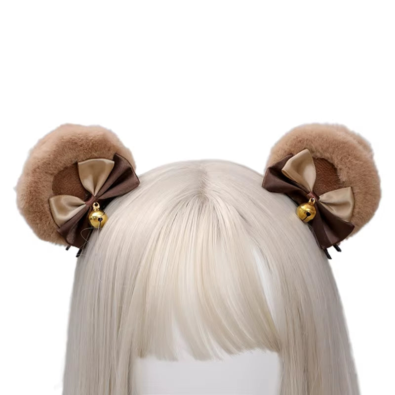 Round Bear Ears Hair Clips Faux Fur Sweet Double Bowknot Bell Plush Animal Hairpins Anime Lolita Kawaii Cosplay Barrette Decor