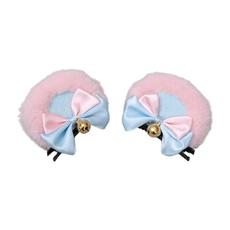 Round Bear Ears Hair Clips Faux Fur Sweet Double Bowknot Bell Plush Animal Hairpins Anime Lolita Kawaii Cosplay Barrette Decor
