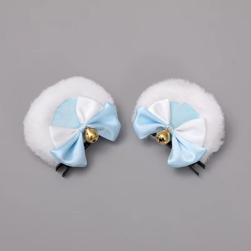 Round Bear Ears Hair Clips Faux Fur Sweet Double Bowknot Bell Plush Animal Hairpins Anime Lolita Kawaii Cosplay Barrette Decor