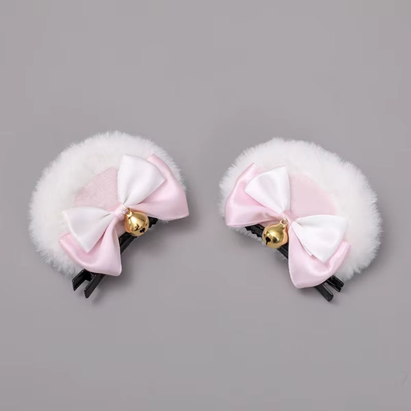 Round Bear Ears Hair Clips Faux Fur Sweet Double Bowknot Bell Plush Animal Hairpins Anime Lolita Kawaii Cosplay Barrette Decor