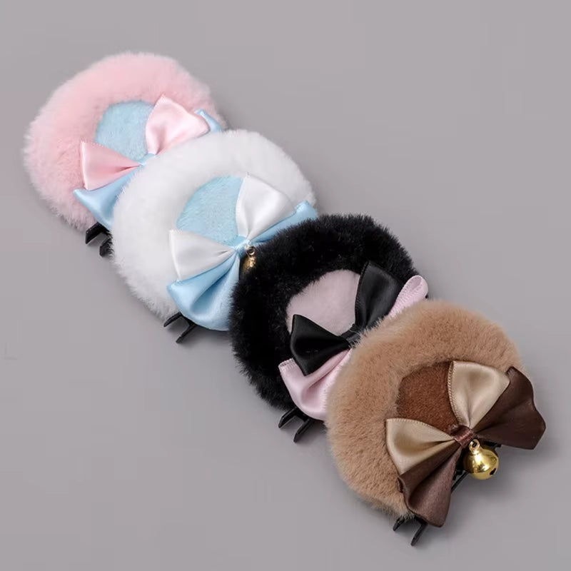 Round Bear Ears Hair Clips Faux Fur Sweet Double Bowknot Bell Plush Animal Hairpins Anime Lolita Kawaii Cosplay Barrette Decor