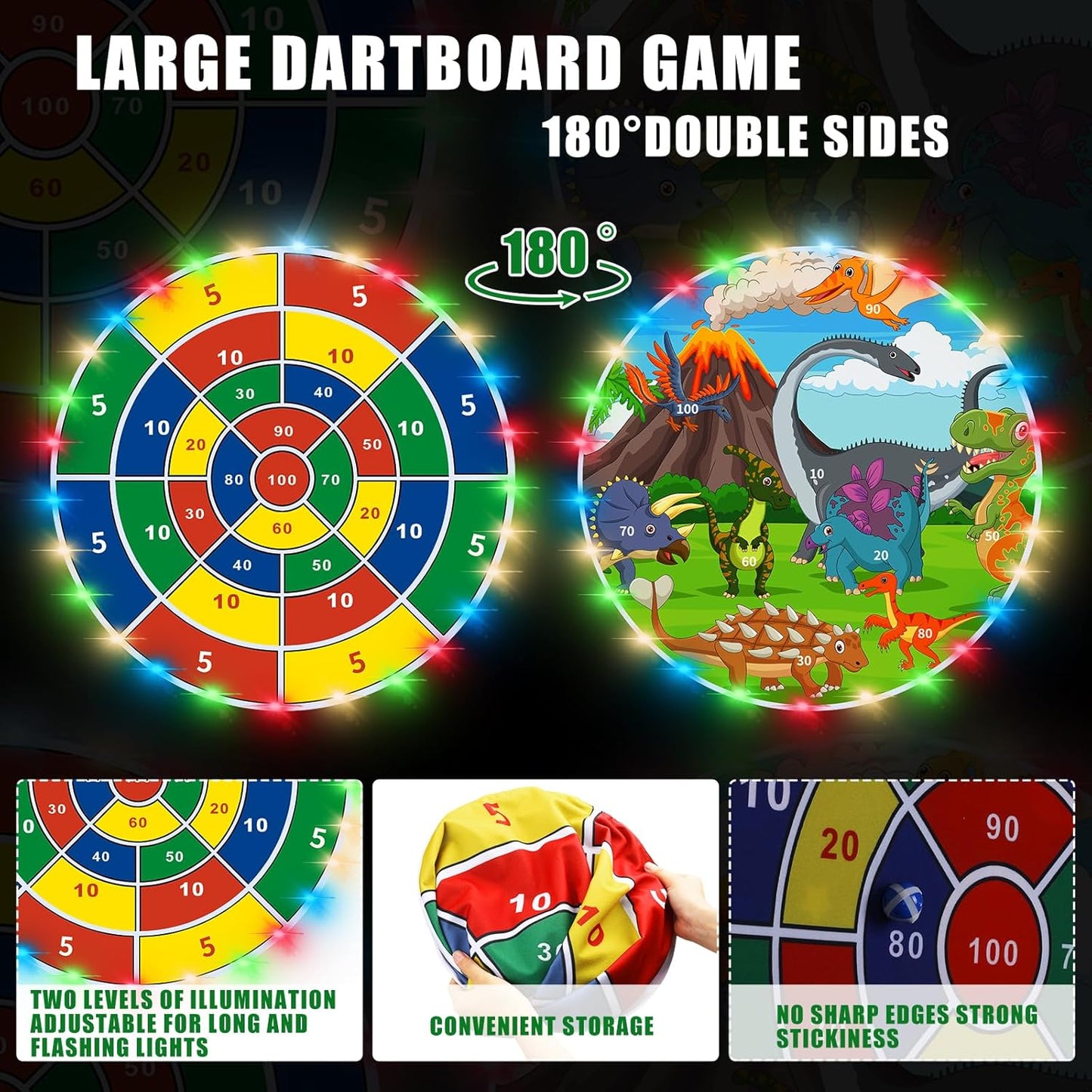 36 Large LED Dart Board, Double Sided Dartboard with 20 LED Sticky Balls Dinosaur Fun Giant Dartboard Shooting Toys Indoor Outdoor Sport Toys Dartboards Party Play Game Toys, Birthday Gifts