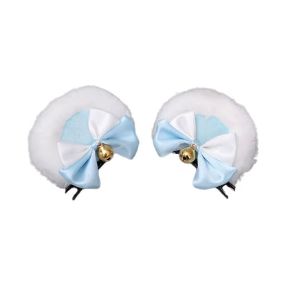 Round Bear Ears Hair Clips Faux Fur Sweet Double Bowknot Bell Plush Animal Hairpins Anime Lolita Kawaii Cosplay Barrette Decor