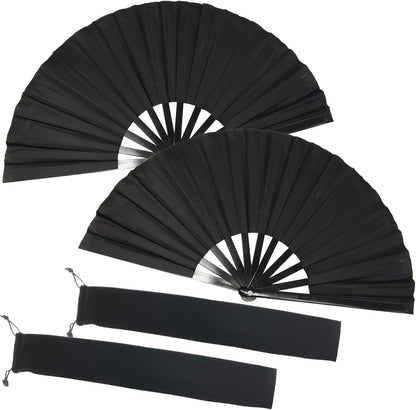 2PCS Large Folding Silk Hand Fans - Chinese Tai Chi Fans for Men and Women Performance, Dance, Decorations, Festival, Gift (Black X2)