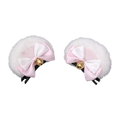 Round Bear Ears Hair Clips Faux Fur Sweet Double Bowknot Bell Plush Animal Hairpins Anime Lolita Kawaii Cosplay Barrette Decor